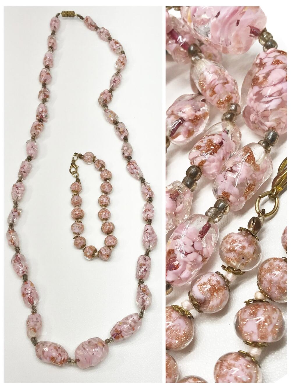 VTG Venetian Pink Cloud Gold Foil Murano Glass Beaded Necklace Bracelet Set 25"